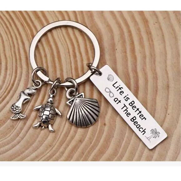 Life Is Better At The Beach Keychain‎ Charms with Mermaid Shell Turtle Accents - Picture 1 of 3